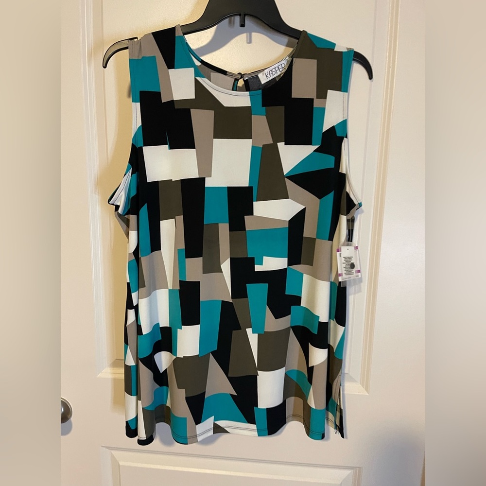 Kasper teal, black, white and grey sleeveless blouse. Geometric pattern.